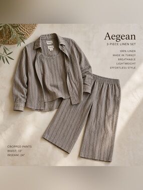 Aegean 3-Piece 100% Linen Set XS Taupe Stripe Jacket Tank Cropped Pants Coastal